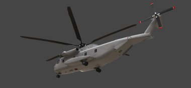 Askeri taşıma veya kurtarma helikopteri gri arka plan üzerinde. 3D çizim.