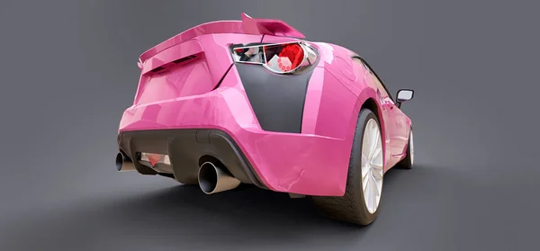 Roze kleine sportwagen coupe. 3d destructie. — Stockfoto
