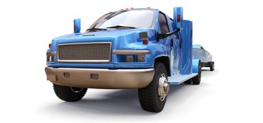 Beyaz zemin üzerinde bir yarış tekne taşıma için bir römork ile mavi kamyon. 3D render.