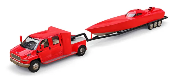 Grande caminhão vermelho com um reboque para o transporte de um barco de corrida em um fundo branco. Renderização 3d . — Fotografia de Stock
