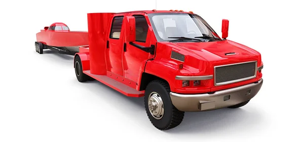 Großer roter LKW mit Anhänger zum Transport eines Rennbootes auf weißem Hintergrund. 3D-Darstellung. — Stockfoto