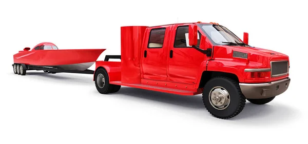 Duży czerwony samochód z przyczepą do transportu łodzi wyścigowych na białym tle. renderowania 3D. — Zdjęcie stockowe