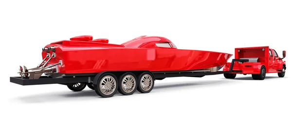 Grande caminhão vermelho com um reboque para o transporte de um barco de corrida em um fundo branco. Renderização 3d . — Fotografia de Stock