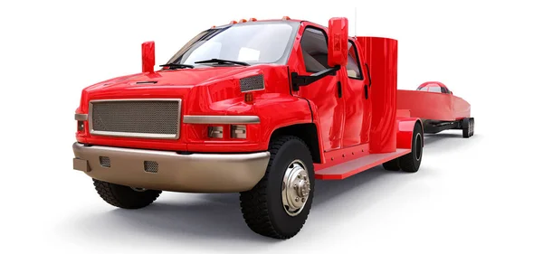 Μεγάλο κόκκινο φορτηγό με ρυμουλκούμενο για τη μεταφορά ενός αγωνιστικά βάρκα σε λευκό φόντο. 3D rendering. — Φωτογραφία Αρχείου