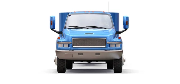 Μπλε φορτηγό με ρυμουλκούμενο για τη μεταφορά ενός αγωνιστικά βάρκα σε λευκό φόντο. 3D rendering. — Φωτογραφία Αρχείου