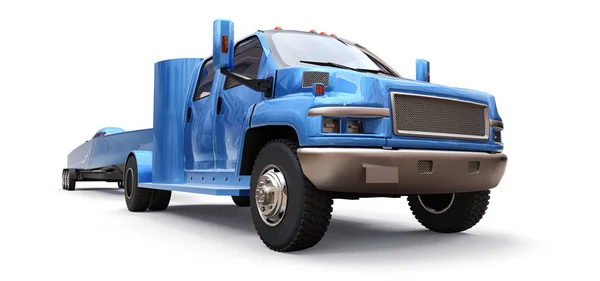 Caminhão azul com reboque para transportar um barco de corrida sobre fundo branco. Renderização 3d . — Fotografia de Stock