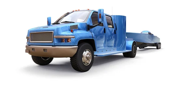 Niebieski samochód ciężarowy z przyczepą do transportu łodzi wyścigowych na białym tle. renderowania 3D. — Zdjęcie stockowe