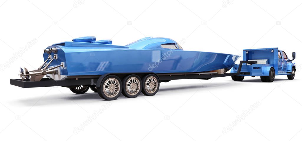 Blue truck with a trailer for transporting a racing boat on a white background. 3d rendering.