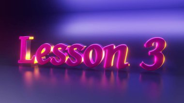 Ders 3 metin ile bir video için ekran koruyucu. Pembe ve sarı ışınları mavi bir arka plan altın harfler. 3D render.
