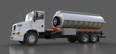 Parlak metal römork ile büyük beyaz kamyon tanker. Her taraftan kez izlendi. 3D çizim.