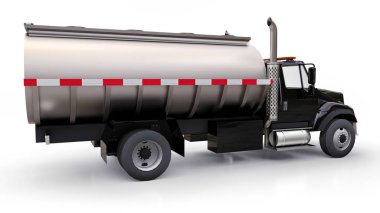 Parlak metal römork ile büyük siyah kamyon tanker. Her taraftan kez izlendi. 3D çizim.