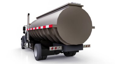 Parlak metal römork ile büyük siyah kamyon tanker. Her taraftan kez izlendi. 3D çizim.