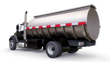 Parlak metal römork ile büyük siyah kamyon tanker. Her taraftan kez izlendi. 3D çizim.