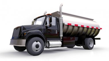 Parlak metal römork ile büyük siyah kamyon tanker. Her taraftan kez izlendi. 3D çizim.