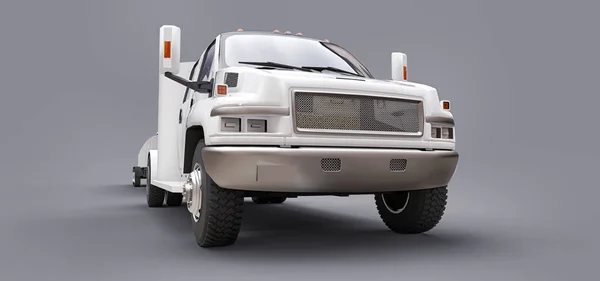 Biały samochód ciężarowy z przyczepą do przewozu łodzi wyścigowej na szarym tle. Renderowanie 3D. — Zdjęcie stockowe