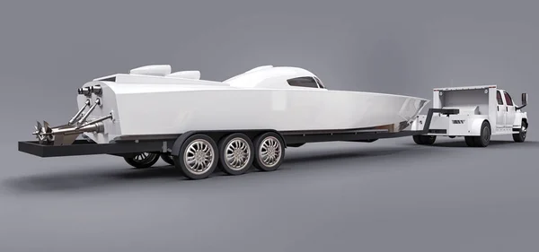 Camion blanc avec remorque pour le transport d'un bateau de course sur fond gris. Rendu 3d . — Photo