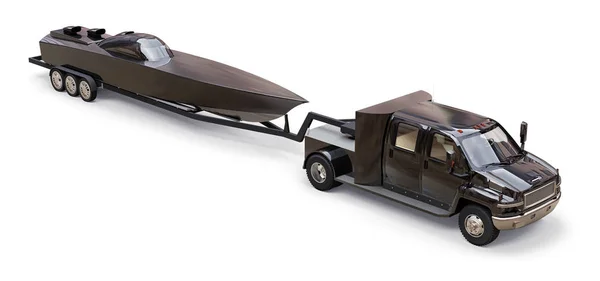 Camion noir avec remorque pour le transport d'un bateau de course sur fond blanc. Rendu 3d . — Photo