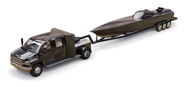 Camion noir avec remorque pour le transport d'un bateau de course sur fond blanc. Rendu 3d . — Photo