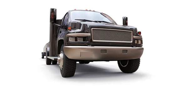 Zwarte truck met een trailer voor het vervoer van een race boot op een witte achtergrond. 3D-rendering. — Stockfoto