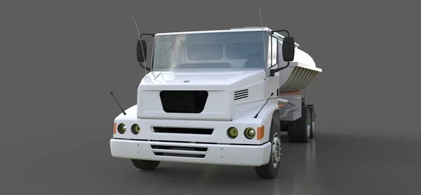 Nagy fehér teherautó tartályhajó egy csiszolt fém pótkocsit. Kilátás minden oldalról. 3D-s illusztráció. — Stock Fotó