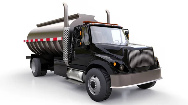 Grote zwarte vrachtwagen tanker met een gepolijste metalen aanhangwagen. Uitzicht vanaf alle kanten. 3D illustratie. — Stockfoto