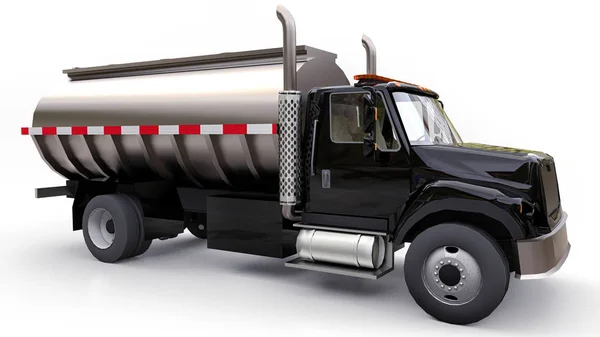 Grande caminhão-tanque preto com um reboque de metal polido. Vistas de todos os lados. ilustração 3d . — Fotografia de Stock