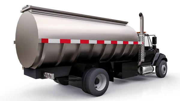Grande caminhão-tanque preto com um reboque de metal polido. Vistas de todos os lados. ilustração 3d . — Fotografia de Stock
