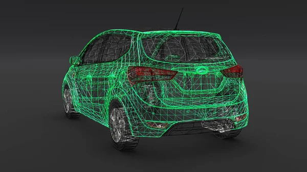 Small family car, mesh design. 3D rendering.