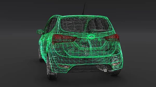 Piccola auto di famiglia, design a rete. Rendering 3D . — Foto Stock