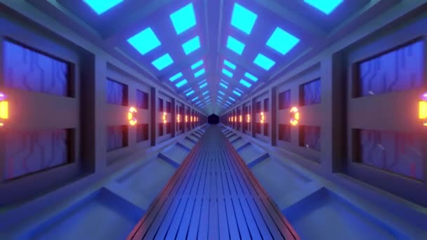 Tunnel hexagonal futuriste dans un engin spatial avec sortie dans l'espace. Lumière jaune-bleue douce, lampes sur les murs du couloir. Accélérer la vidéo .