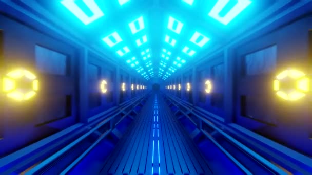 Tunnel hexagonal futuriste dans un engin spatial avec sortie dans l'espace. Lumière jaune-bleue douce, lampes sur les murs du couloir. Accélérer la vidéo .