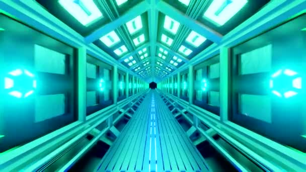 在太空行走的航天器中的未来六边形隧道 柔和的绿蓝灯 走廊墙壁上的灯 加速视频 — 图库视频影像
