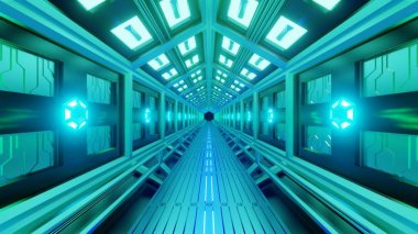 Uzay yürüyüşü olan bir uzay aracında fütüristik altıgen tünel. Yumuşak yeşil-mavi ışık, koridorun duvarlarında lambalar. 3d render.