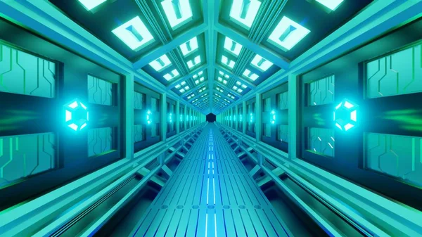 Uzay yürüyüşü olan bir uzay aracında fütüristik altıgen tünel. Yumuşak yeşil-mavi ışık, koridorun duvarlarında lambalar. 3d render. — Stok fotoğraf