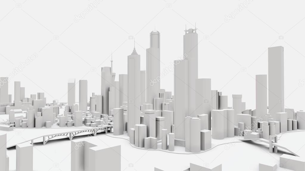 Three-dimensional landscape of the modern city. The huge layout of the metropolis. 3D rendering.