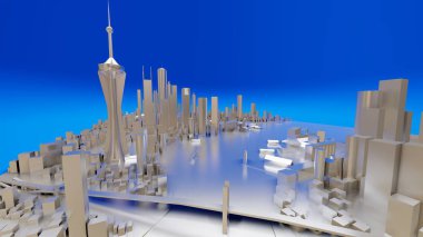 Modern şehrin üç boyutlu manzarası var. Metropolün büyük yerleşim yeri. 3B görüntüleme.