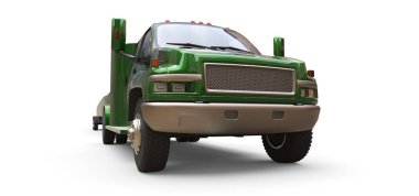 Beyaz arka planda bir yarış teknesi taşımak için bir römork ile yeşil kamyon. 3d render.