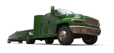 Beyaz arka planda bir yarış teknesi taşımak için bir römork ile yeşil kamyon. 3d render.