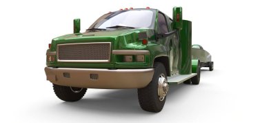 Beyaz arka planda bir yarış teknesi taşımak için bir römork ile yeşil kamyon. 3d render.