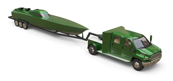 Caminhão verde com reboque para transportar um barco de corrida sobre fundo branco. Renderização 3d . — Fotografia de Stock
