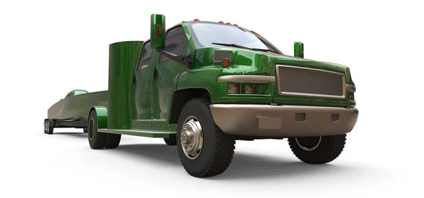 Zielona ciężarówka z przyczepą do przewozu łodzi wyścigowej na białym tle. Renderowanie 3D. — Zdjęcie stockowe