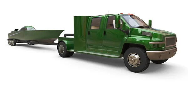 Camion vert avec remorque pour le transport d'un bateau de course sur fond blanc. Rendu 3d . — Photo