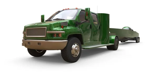 Πράσινο φορτηγό με ρυμουλκούμενο για τη μεταφορά ενός αγωνιστικού σκάφους σε λευκό φόντο. απόδοση 3D. — Φωτογραφία Αρχείου