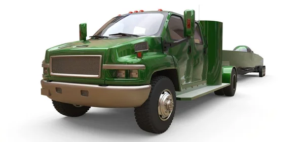 Πράσινο φορτηγό με ρυμουλκούμενο για τη μεταφορά ενός αγωνιστικού σκάφους σε λευκό φόντο. απόδοση 3D. — Φωτογραφία Αρχείου