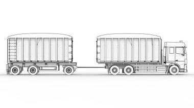 Büyük beyaz kamyon nakliye tarım ve bina hacim materyalleri ve ürünleri için ayrı römork ile. 3D render.