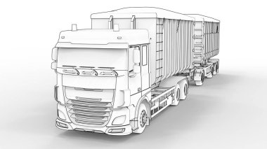 Büyük beyaz kamyon nakliye tarım ve bina hacim materyalleri ve ürünleri için ayrı römork ile. 3D render.