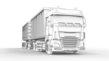 Büyük beyaz kamyon nakliye tarım ve bina hacim materyalleri ve ürünleri için ayrı römork ile. 3D render.