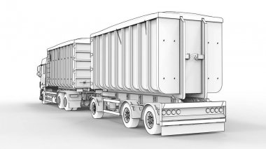 Büyük beyaz kamyon nakliye tarım ve bina hacim materyalleri ve ürünleri için ayrı römork ile. 3D render.