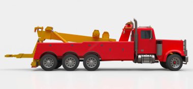 Kırmızı kargo kamyonu diğer büyük kamyonları ya da çeşitli ağır makineleri taşımak için. 3d oluşturma.