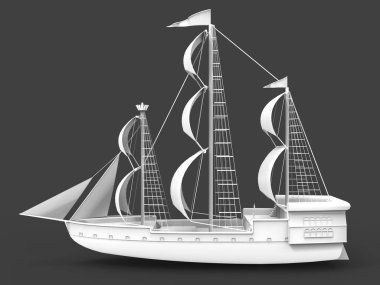 Yumuşak gölgeler ile gri bir arka plan üzerinde eski bir yelkenli gemi üç boyutlu raster illüstrasyon. 3d render.